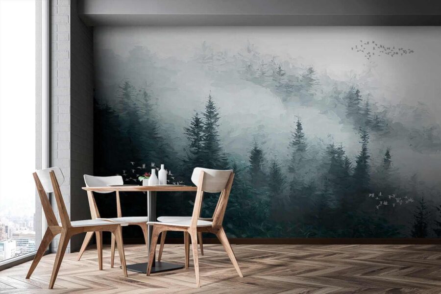 Wall murals Foggy forest with birds flying