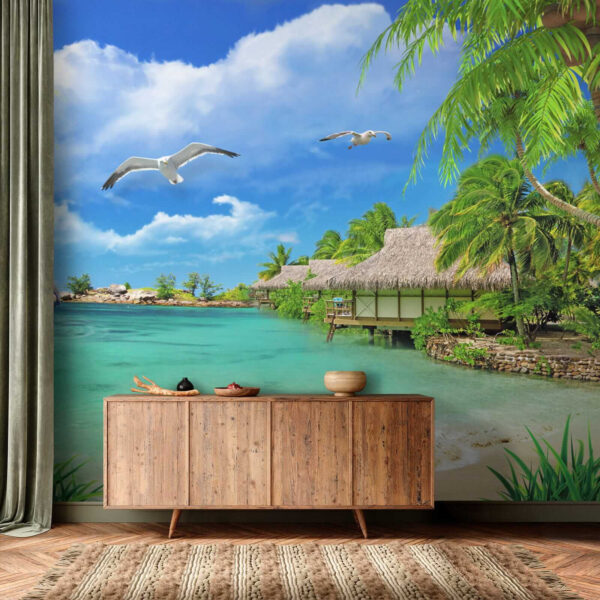 Strand met een hut en een paar vogels Strand met een hut en een paar vogels