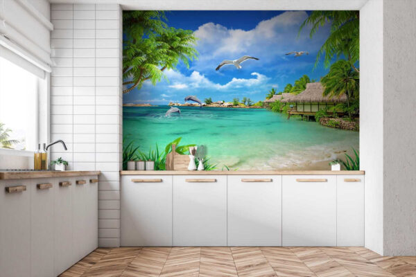 Strand met een hut en een paar vogels Strand met een hut en een paar vogels