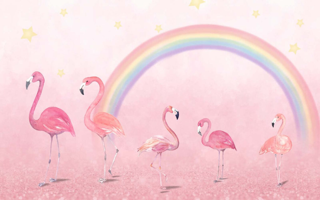 Groep flamingo's met een regenboog Groep flamingo's met een regenboog