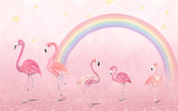 Groep flamingo's met een regenboog Groep flamingo's met een regenboog