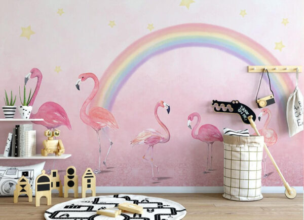 Groep flamingo's met een regenboog Groep flamingo's met een regenboog