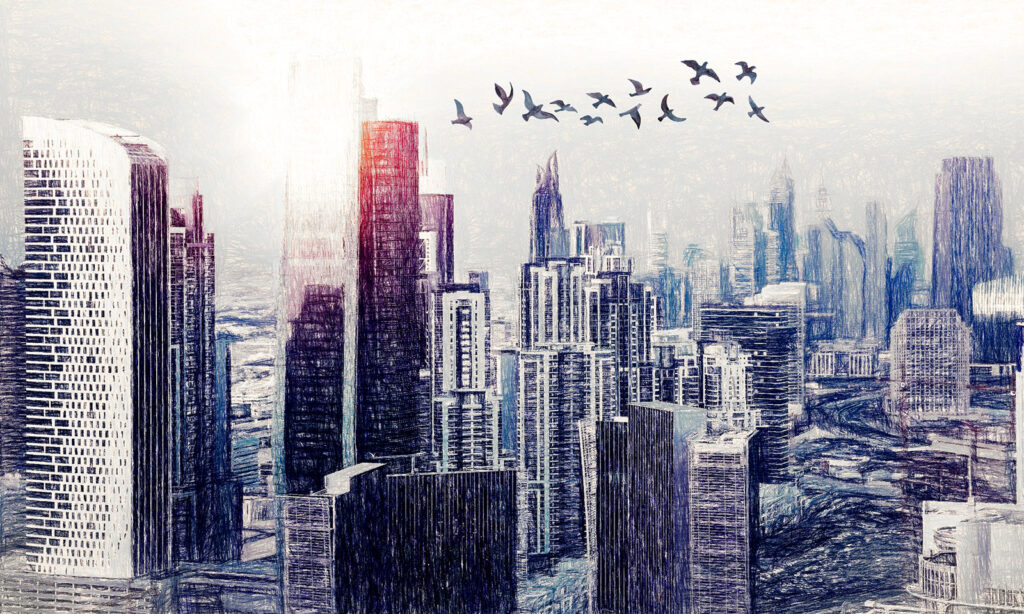 Vogels vliegen over een stad Vogels vliegen over een stad