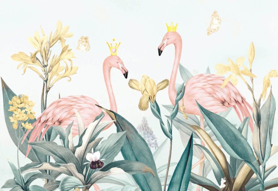 Groep flamingo's met kronen en bloemen
