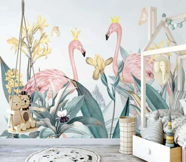 Groep flamingo's met kronen en bloemen Groep flamingo's met kronen en bloemen