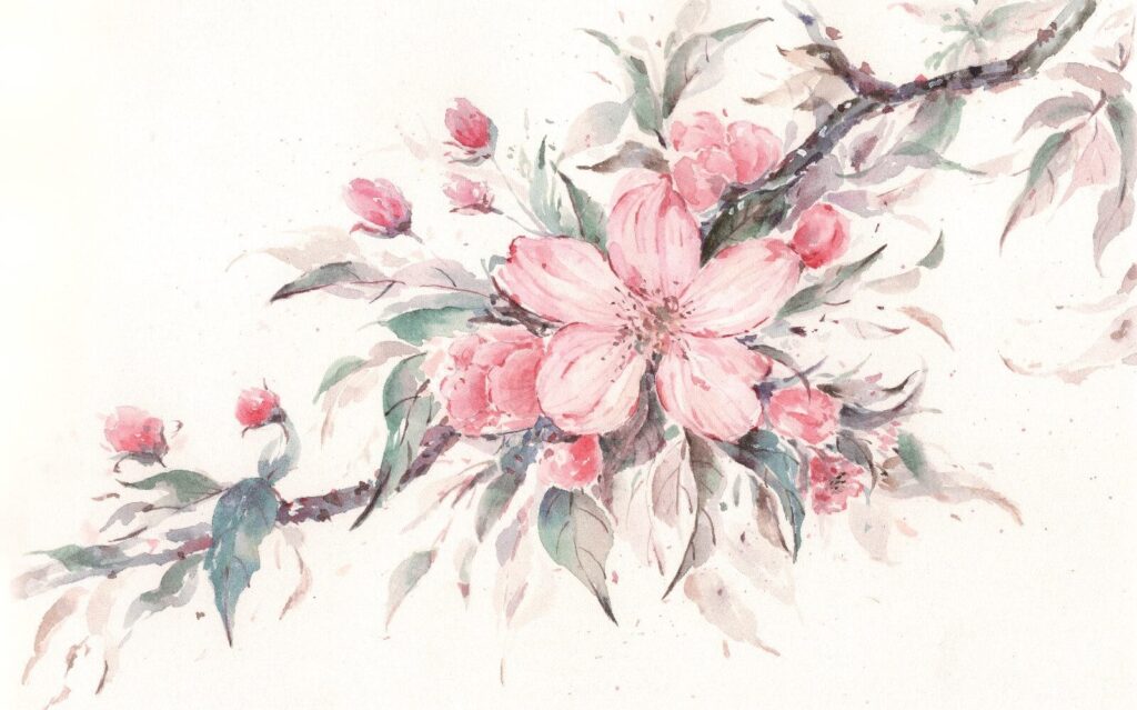 Schilderij van roze bloemen op een tak Schilderij van roze bloemen op een tak