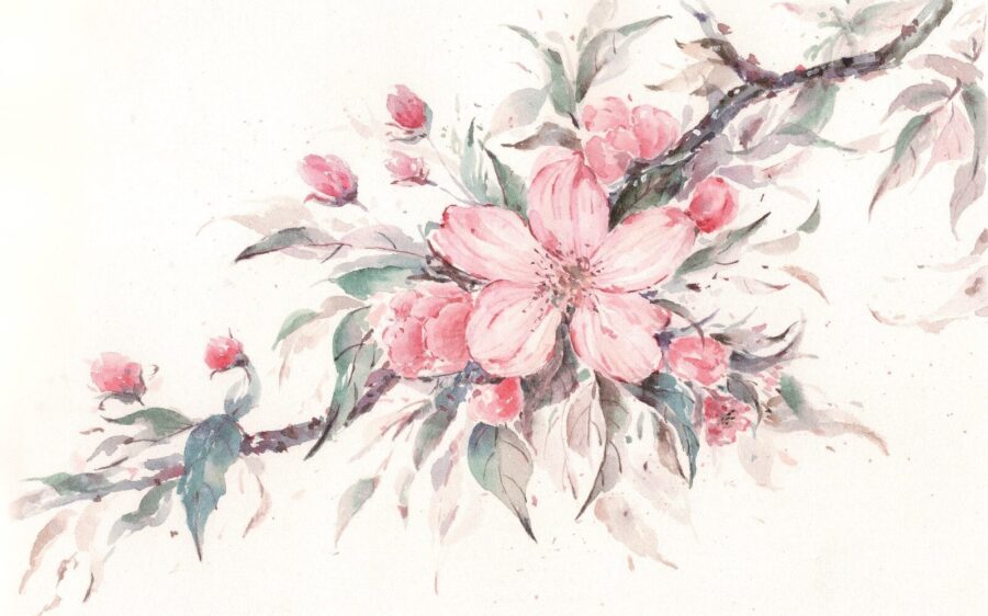 Fotobehang Schilderij van roze bloemen op een tak - Afbeelding 2