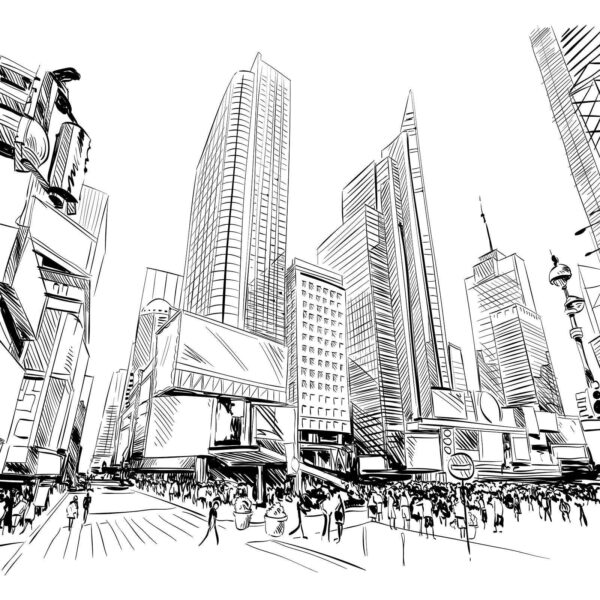 Tekening van een stad met hoge gebouwen Tekening van een stad met hoge gebouwen