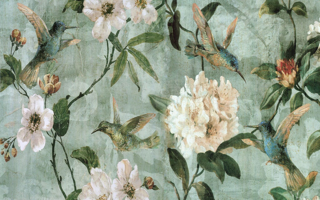 Behang met vogels en bloemen Behang met vogels en bloemen