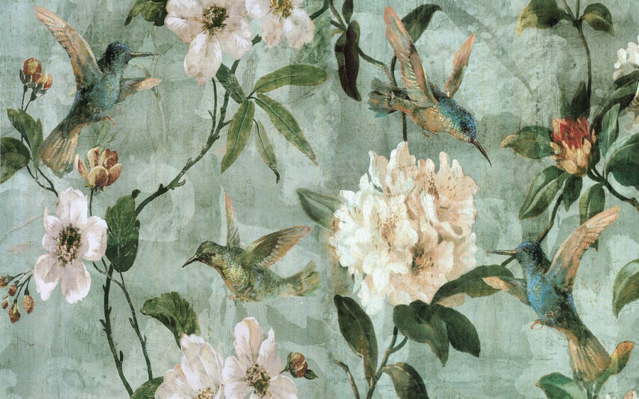 Behang met vogels en bloemen