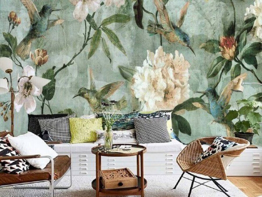 Behang met vogels en bloemen