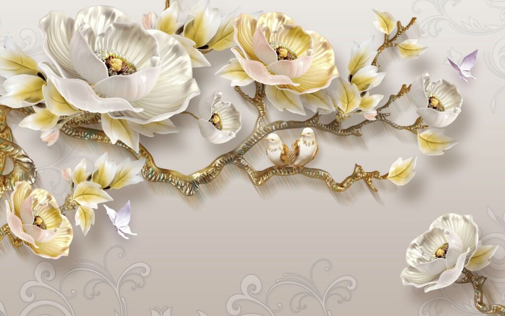 Behang met bloemen en vogels Behang met bloemen en vogels