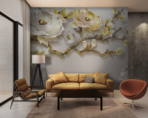 Behang met bloemen en vogels Behang met bloemen en vogels