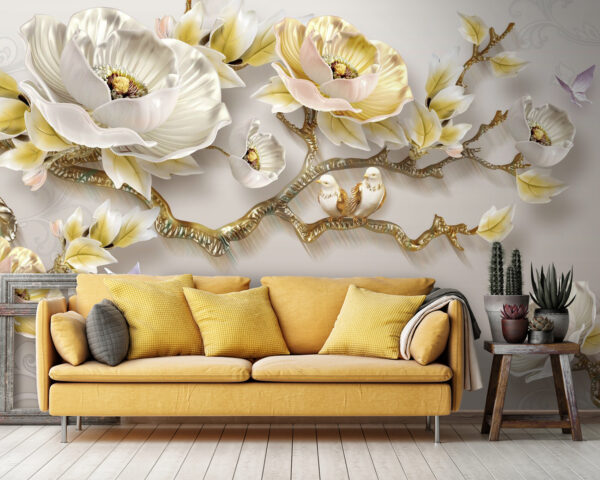 Behang met bloemen en vogels Behang met bloemen en vogels