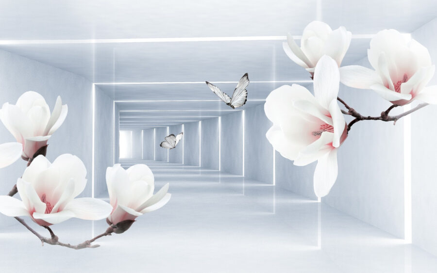 Witte bloemen en vlinders in een kamer