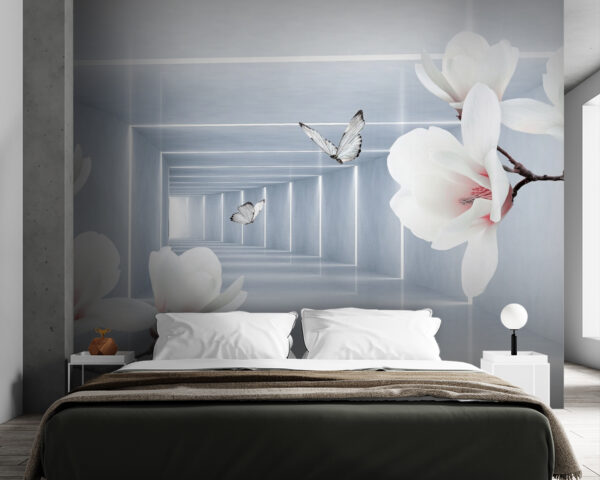 Witte bloemen en vlinders in een kamer Witte bloemen en vlinders in een kamer