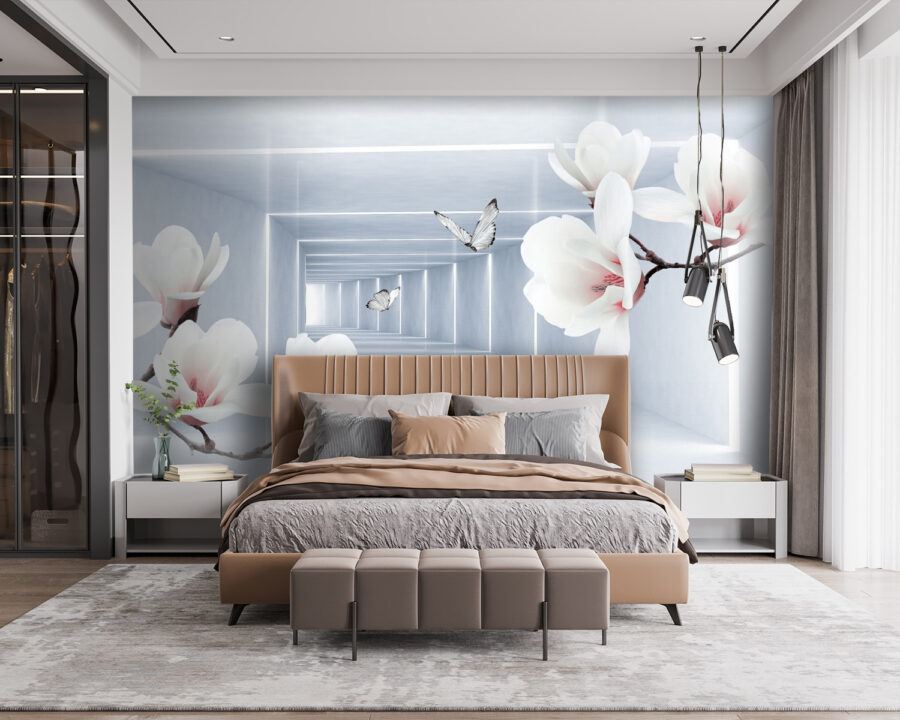 Witte bloemen en vlinders in een kamer