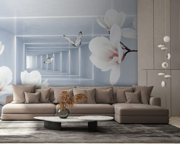 Witte bloemen en vlinders in een kamer Witte bloemen en vlinders in een kamer