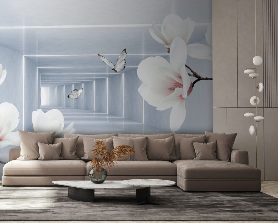 Witte bloemen en vlinders in een kamer