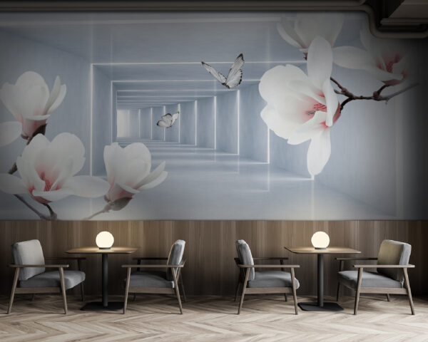 Witte bloemen en vlinders in een kamer Witte bloemen en vlinders in een kamer