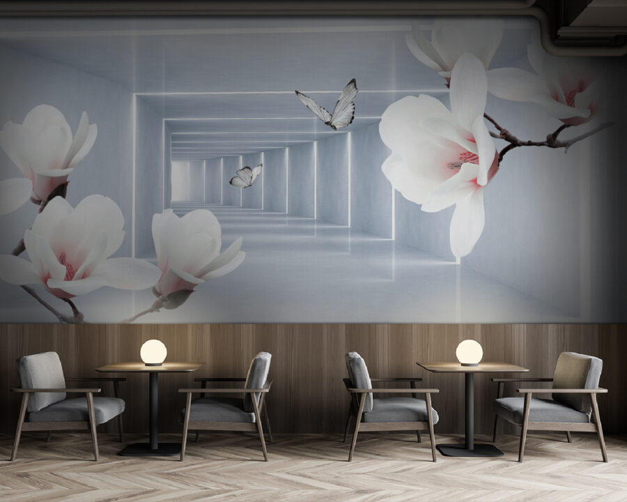 Witte bloemen en vlinders in een kamer