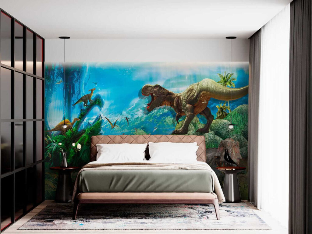 Group of dinosaurs in a forest