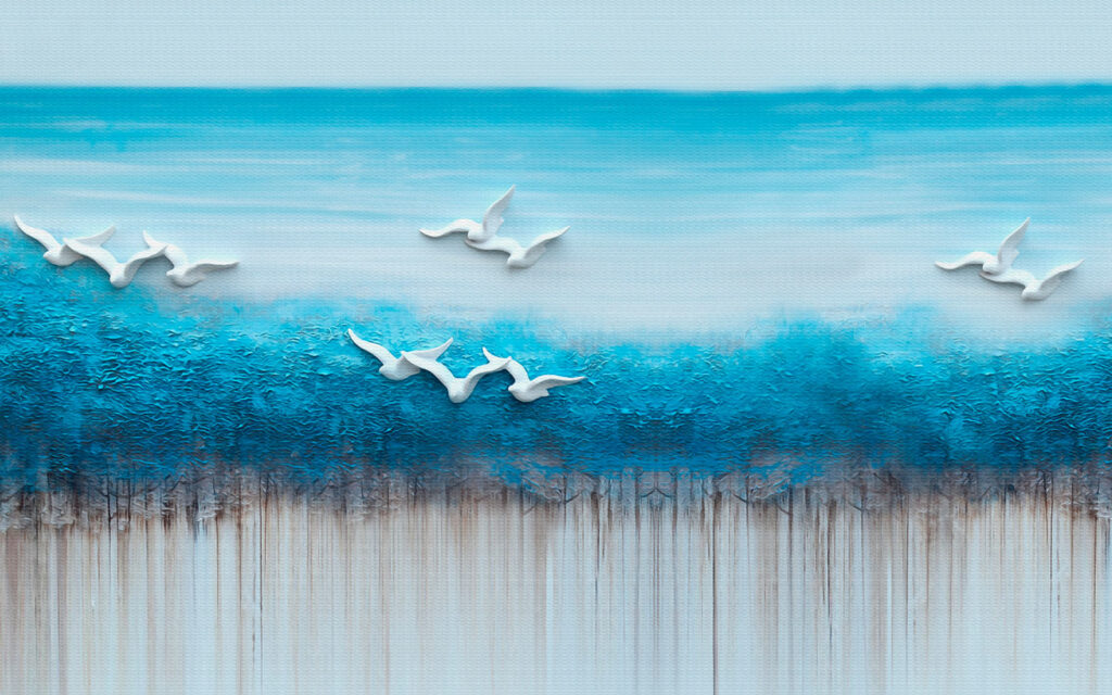 Schilderij van vogels vliegend over een blauwe oceaan Schilderij van vogels vliegend over een blauwe oceaan