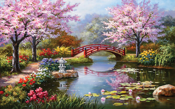 Painting of a pond with a bridge and flowers Painting of a pond with a bridge and flowers