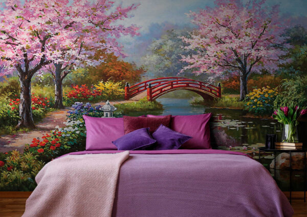 Painting of a pond with a bridge and flowers Painting of a pond with a bridge and flowers