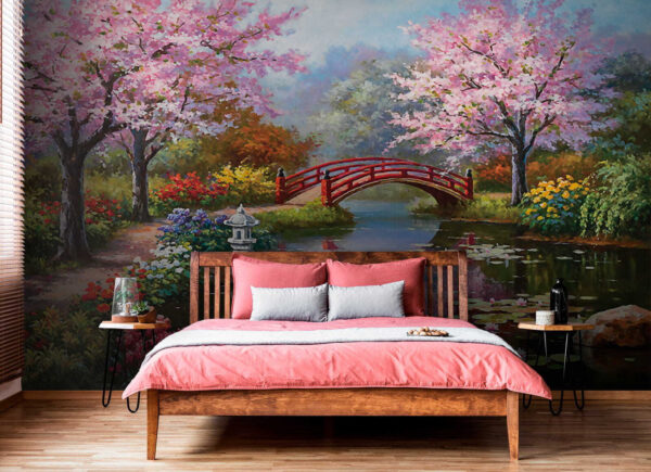 Painting of a pond with a bridge and flowers Painting of a pond with a bridge and flowers