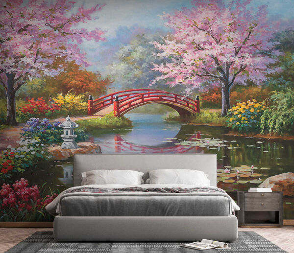 Painting of a pond with a bridge and flowers Painting of a pond with a bridge and flowers