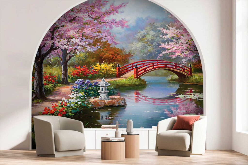 Painting of a pond with a bridge and flowers