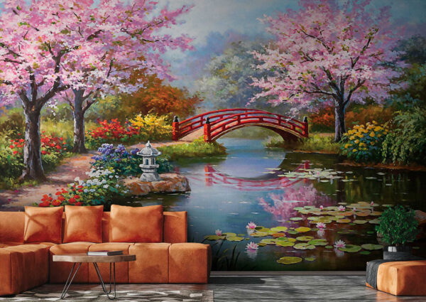 Painting of a pond with a bridge and flowers Painting of a pond with a bridge and flowers