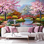 Fotobehang Schilderij van een vijver met een brug en bloemen