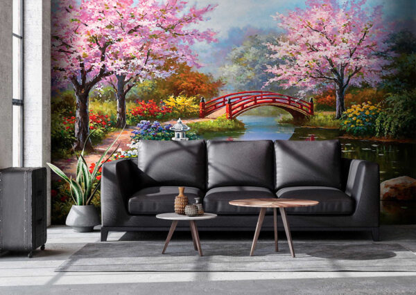 Painting of a pond with a bridge and flowers Painting of a pond with a bridge and flowers