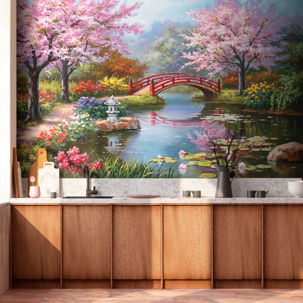 Painting of a pond with a bridge and flowers Painting of a pond with a bridge and flowers