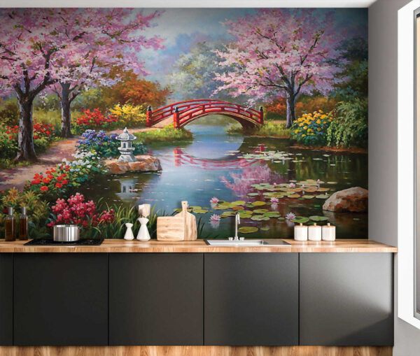 Painting of a pond with a bridge and flowers Painting of a pond with a bridge and flowers