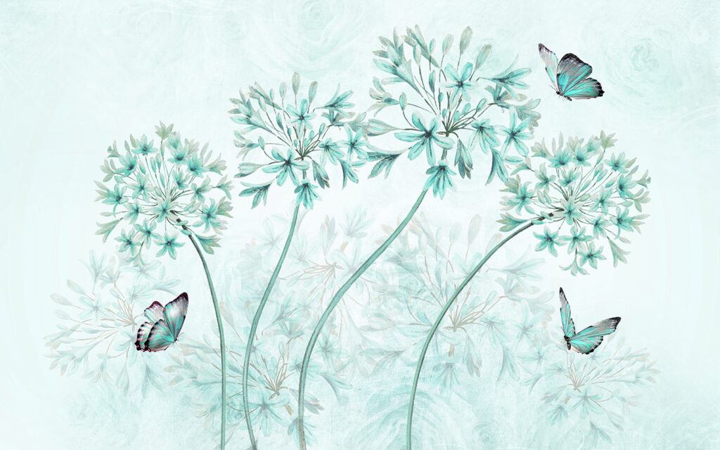 Een schilderij van bloemen en vlinders Een schilderij van bloemen en vlinders