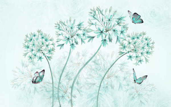 Een schilderij van bloemen en vlinders Een schilderij van bloemen en vlinders