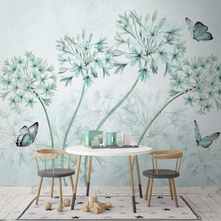 Een schilderij van bloemen en vlinders