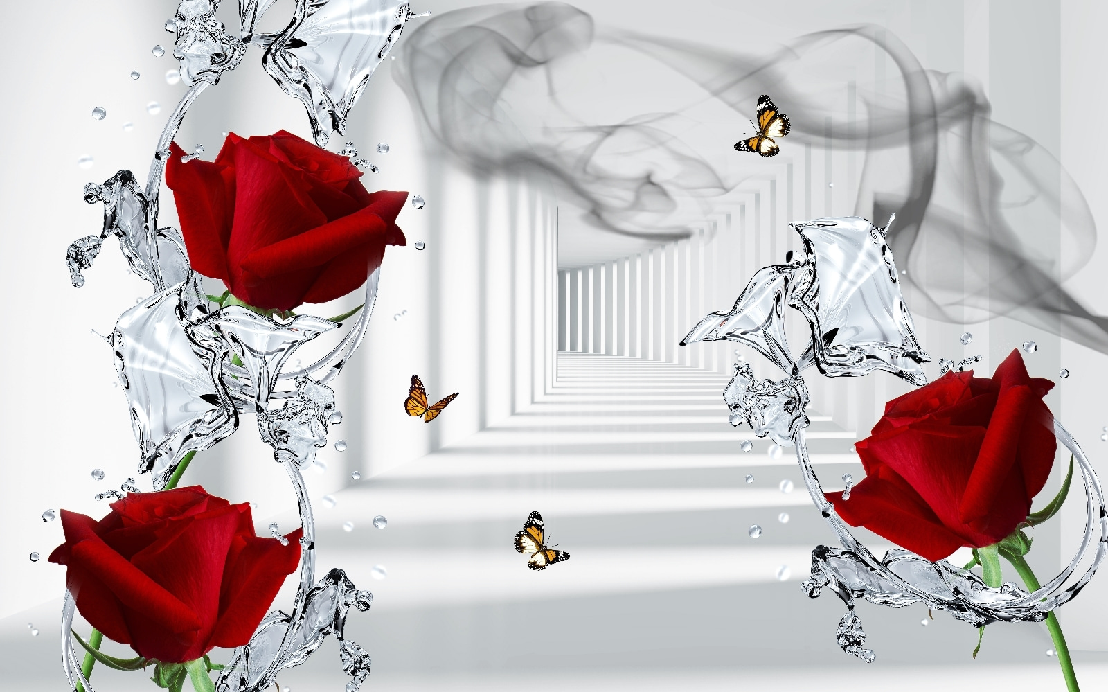 Red roses and butterflies in a glass Red roses and butterflies in a glass