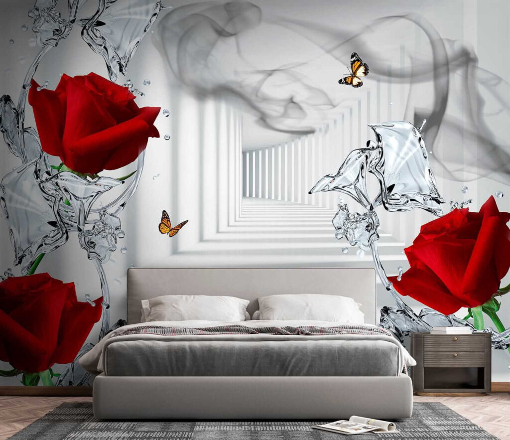 Red roses and butterflies in a glass Red roses and butterflies in a glass