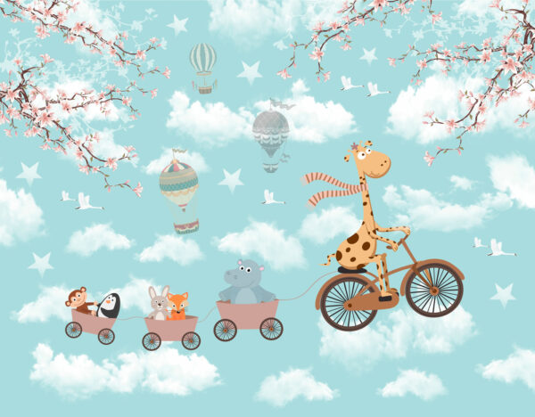 Giraffe op de fiets met dieren in een trein Giraffe op de fiets met dieren in een trein