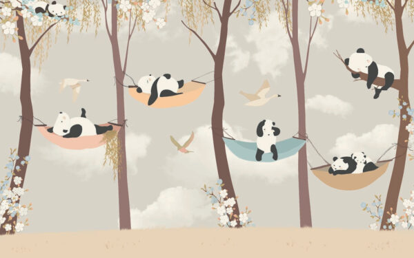 Panda's liggen in hangmatten in de bomen Panda's liggen in hangmatten in de bomen