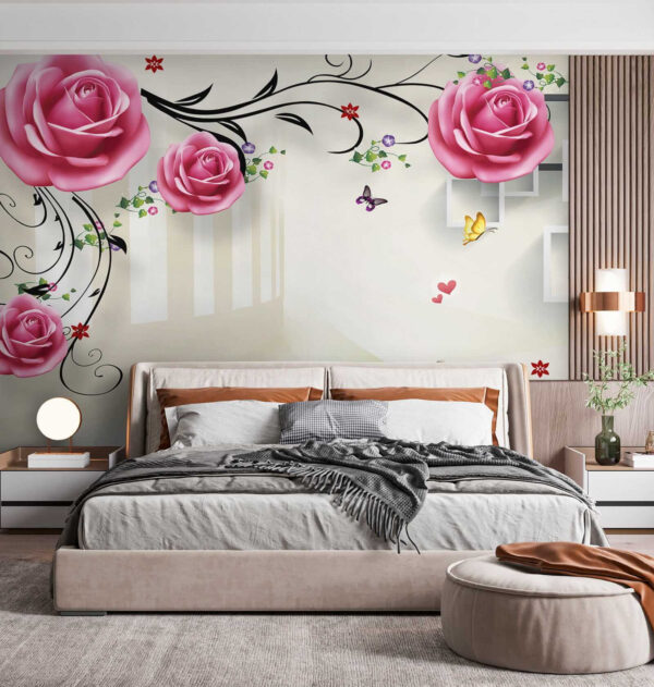 Behang met rozen en vogels Behang met rozen en vogels