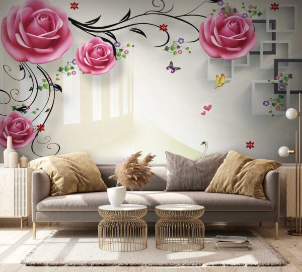 Behang met rozen en vogels Behang met rozen en vogels