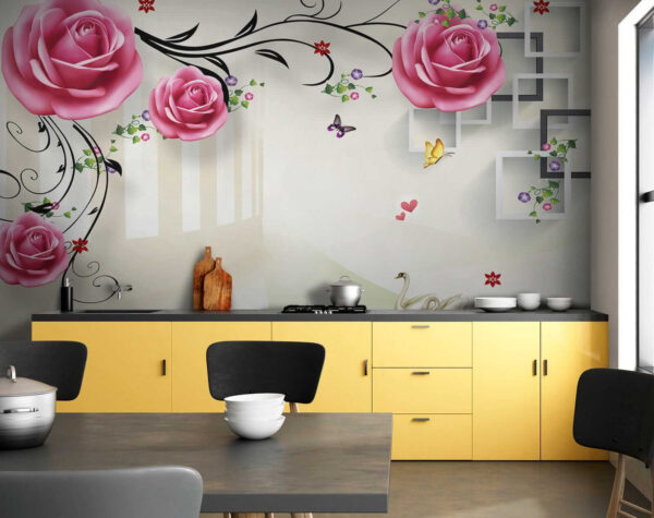 Behang met rozen en vogels Behang met rozen en vogels