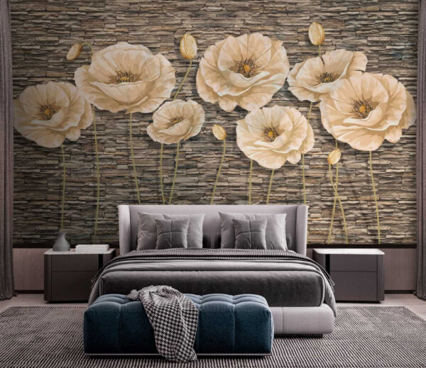 Groep bloemen op een bakstenen muur Groep bloemen op een bakstenen muur