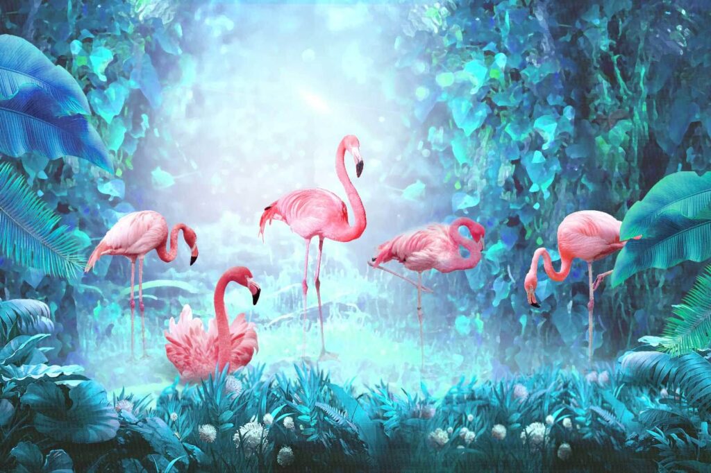 Groep roze flamingo's in een bos Groep roze flamingo's in een bos