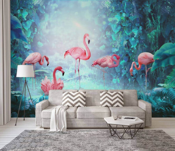 Groep roze flamingo's in een bos Groep roze flamingo's in een bos